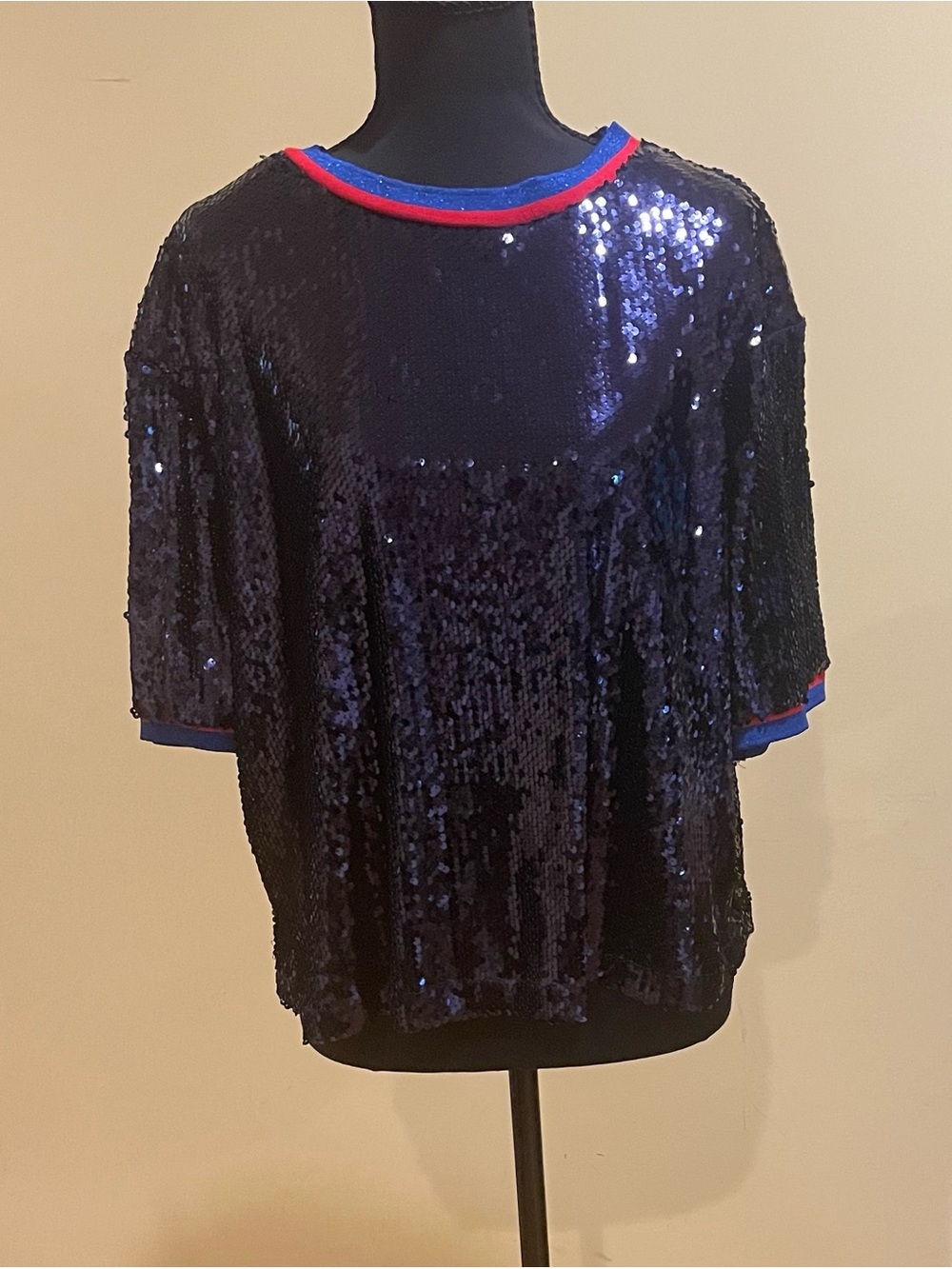New Look Navy Blue Sequined Top, Size L, boxy, roomy silhouette, dressy, stretch - Picture 4 of 12